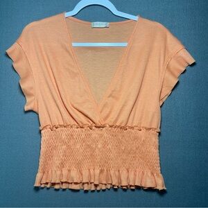 Alter’d State Peach Smocked Waist Blouse M Flutter Sleeve Boho Top